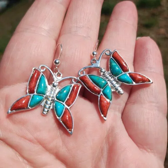 Jay King DTR Butterfly Turquoise coral earrings 925 Sterling Silver  Very cute - Picture 9 of 10
